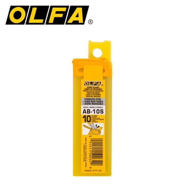 Olfa AB-10S- Standard-Duty Stainless Steel Snap-off Blade, 10-pack Long lasting, durable snap-off blade - a new sharp edge with each snap. This 9mm blade fits OLFA Standard-Duty Knives. 13 cutting edges per blade. 10 blades per pack.